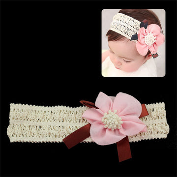 Girls Crochet Stretch Headband with Bow and Flower Pink
